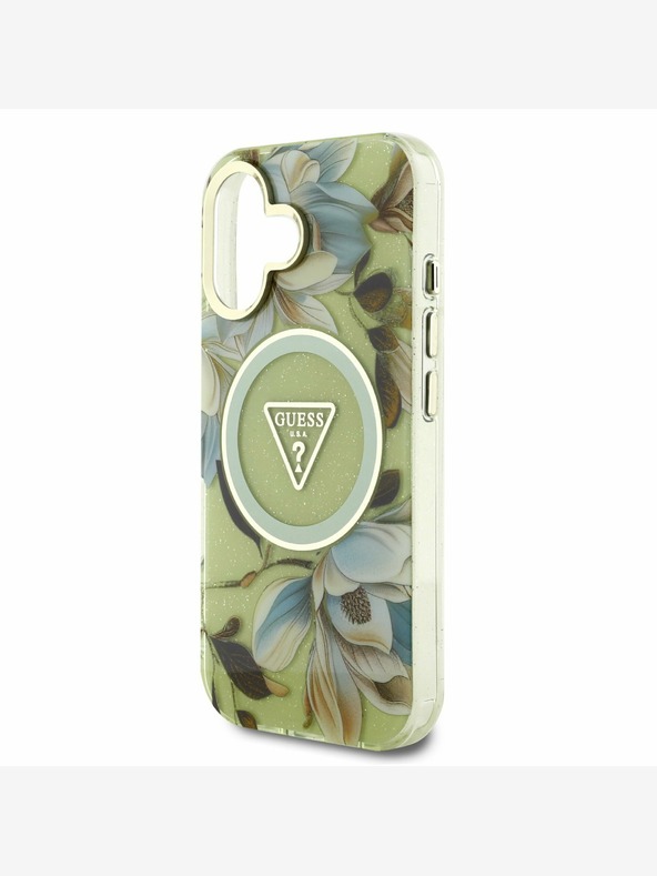 Guess Guess IML svjetlucava magnolija i logotip trokuta MagSafe stražnja maska ​​za iPhone 16 zelena