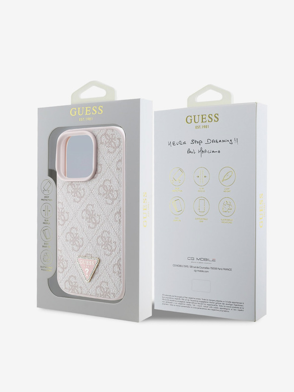 Guess Stražnja maska ​​Guess PU 4G Strass Trokut s metalnim logotipom za iPhone 16 Pro Max, ružičasta