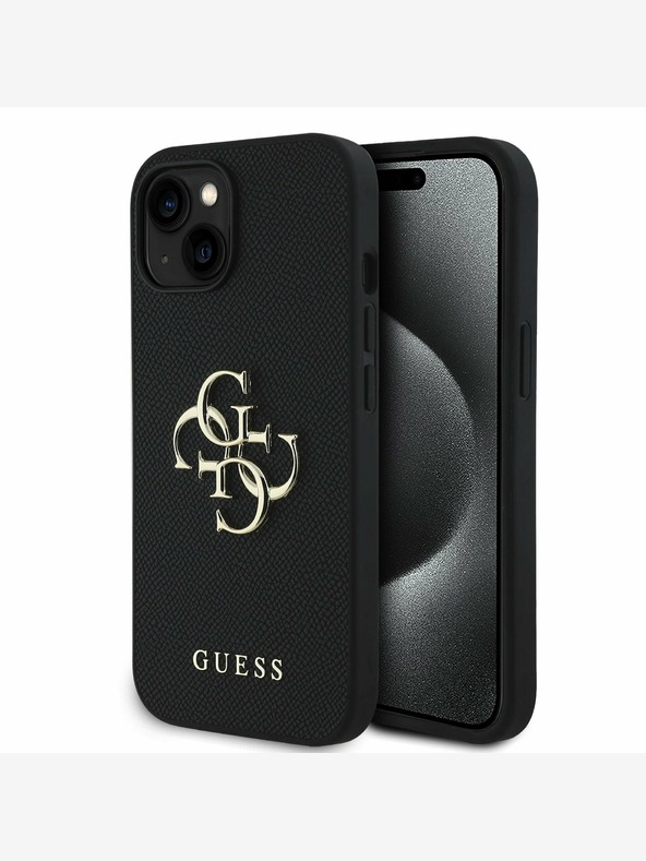 Guess Guess PU zrnati 4G metalni stražnji poklopac s logotipom za iPhone 14 crni
