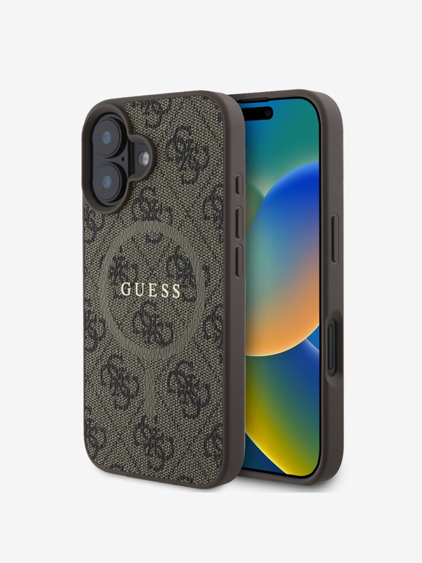 Guess Guess PU kožni 4G prsten u boji MagSafe stražnja maska ​​za iPhone 16 Plus smeđa