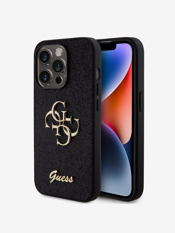 Guess Stražnja maska ​​Guess PU s fiksnim svjetlucavim 4G metalnim logotipom za iPhone 15 Pro crna