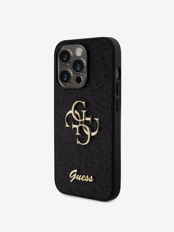 Guess Stražnja maska ​​Guess PU s fiksnim svjetlucavim 4G metalnim logotipom za iPhone 15 Pro crna