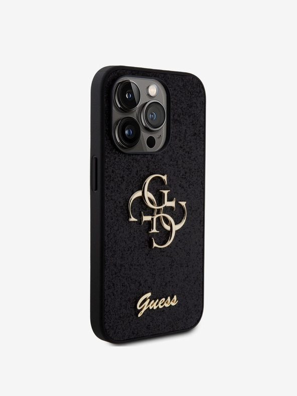 Guess Stražnja maska ​​Guess PU s fiksnim svjetlucavim 4G metalnim logotipom za iPhone 15 Pro crna