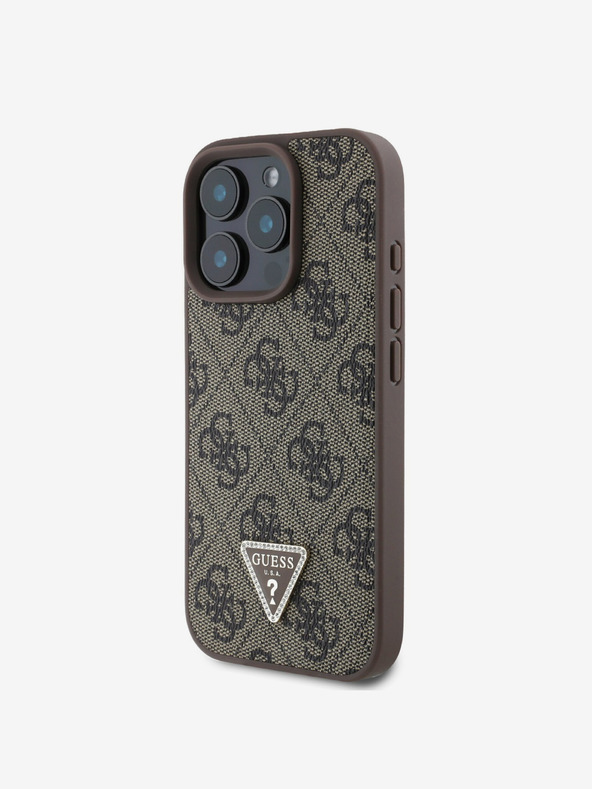 Guess Stražnja maska ​​s metalnim logotipom Guess PU 4G Strass Trokut za iPhone 16 Pro Max smeđa