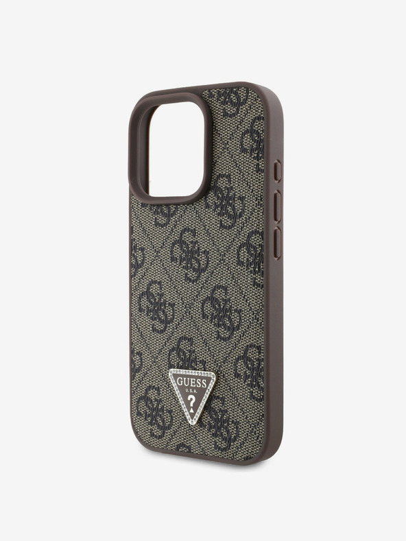 Guess Stražnja maska ​​s metalnim logotipom Guess PU 4G Strass Trokut za iPhone 16 Pro Max smeđa