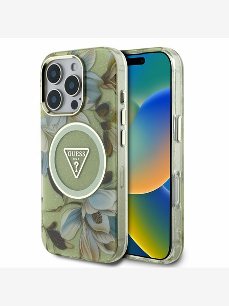 Guess Guess IML svjetlucava magnolija i logotip trokuta MagSafe stražnja maska ​​za iPhone 16 Pro Max zelena