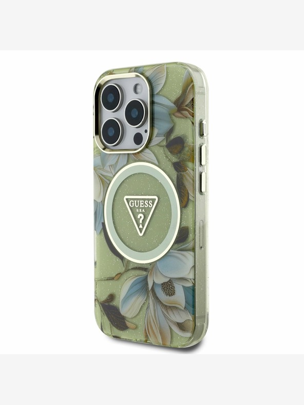 Guess Guess IML svjetlucava magnolija i logotip trokuta MagSafe stražnja maska ​​za iPhone 16 Pro Max zelena