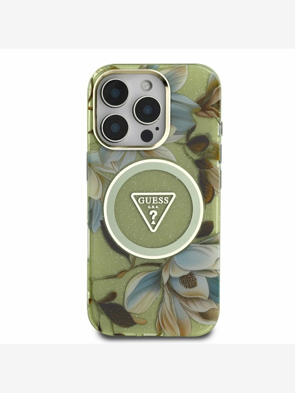 Guess Guess IML svjetlucava magnolija i logotip trokuta MagSafe stražnja maska ​​za iPhone 16 Pro Max zelena