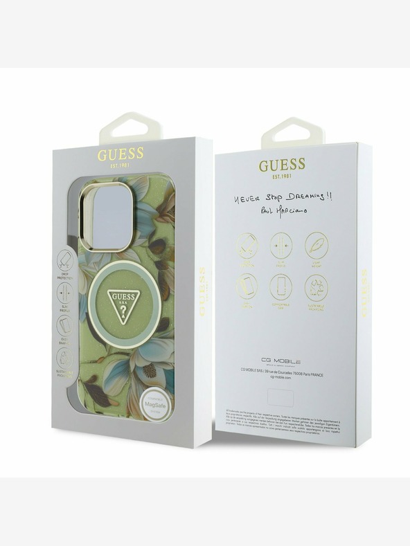 Guess Guess IML svjetlucava magnolija i logotip trokuta MagSafe stražnja maska ​​za iPhone 16 Pro Max zelena