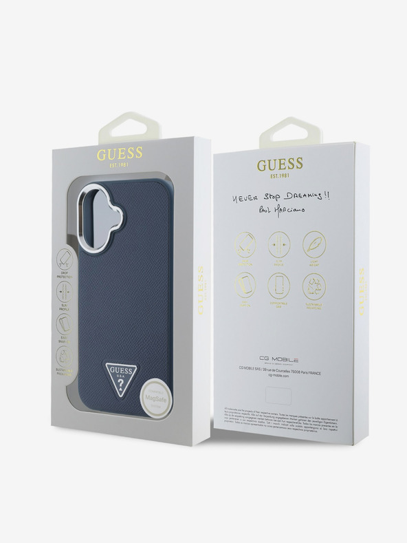 Guess Guess PU stražnja maska ​​s logotipom zrnatog trokuta za iPhone 16 plava