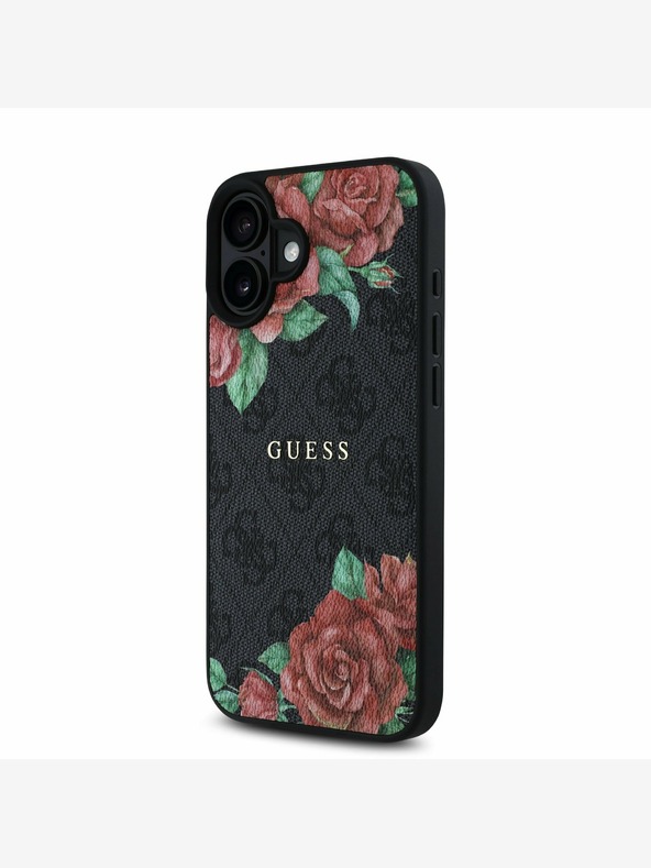 Guess Guess PU kožna 4G Roses MagSafe stražnja maska ​​za iPhone 16 crna
