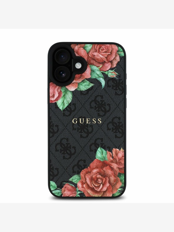 Guess Guess PU kožna 4G Roses MagSafe stražnja maska ​​za iPhone 16 crna