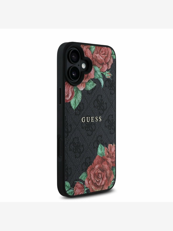 Guess Guess PU kožna 4G Roses MagSafe stražnja maska ​​za iPhone 16 crna