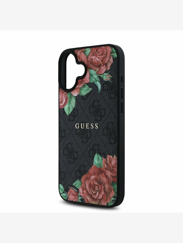 Guess Guess PU kožna 4G Roses MagSafe stražnja maska ​​za iPhone 16 crna