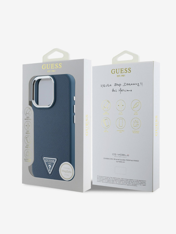 Guess Guess PU stražnja maska ​​s logotipom zrnatog trokuta za iPhone 16 Pro Max plava