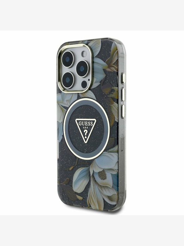 Guess Guess IML svjetlucava magnolija i logotip trokuta MagSafe stražnja maska ​​za iPhone 16 Pro crna