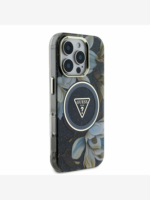 Guess Guess IML svjetlucava magnolija i logotip trokuta MagSafe stražnja maska ​​za iPhone 16 Pro crna