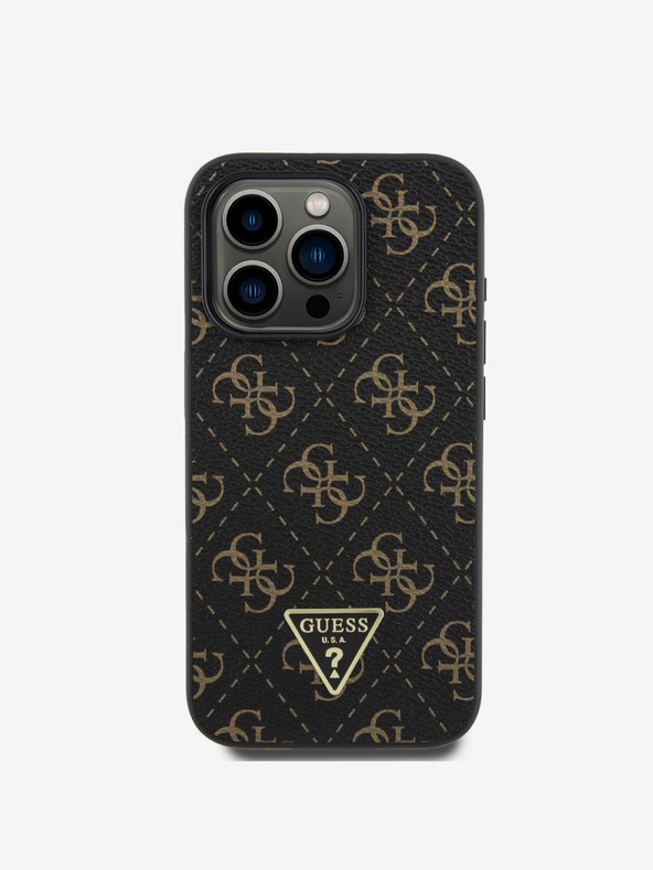 Guess Stražnja maska ​​Guess 4G s trokutastim metalnim logotipom od PU kože za iPhone 16 Pro Max crna