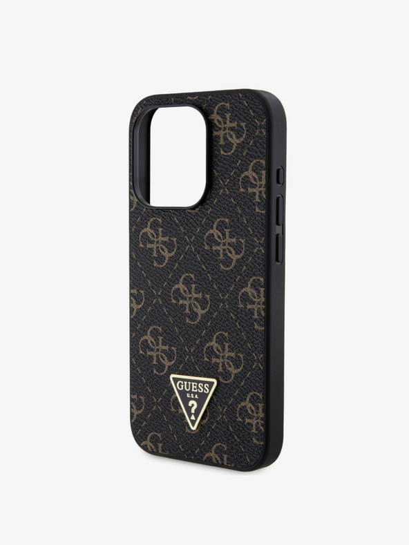 Guess Stražnja maska ​​Guess 4G s trokutastim metalnim logotipom od PU kože za iPhone 16 Pro Max crna