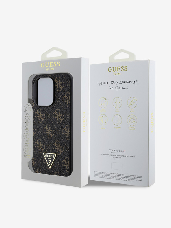 Guess Stražnja maska ​​Guess 4G s trokutastim metalnim logotipom od PU kože za iPhone 16 Pro Max crna