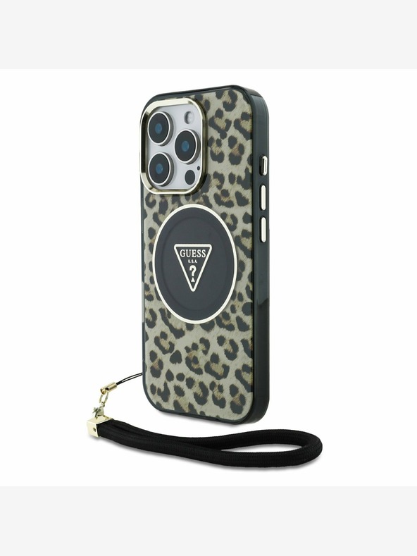 Guess Guess IML Leopard Trokut Logo Strap MagSafe stražnja maska ​​za iPhone 16 Pro smeđa