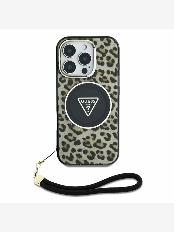 Guess Guess IML Leopard Trokut Logo Strap MagSafe stražnja maska ​​za iPhone 16 Pro smeđa