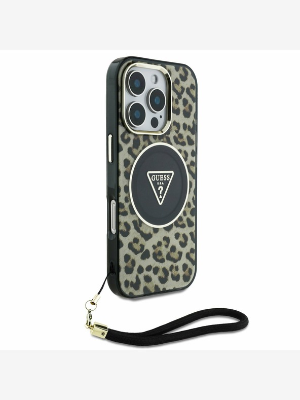 Guess Guess IML Leopard Trokut Logo Strap MagSafe stražnja maska ​​za iPhone 16 Pro smeđa