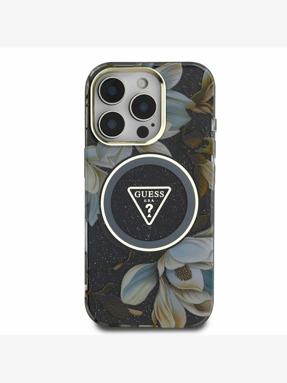 Guess Guess IML svjetlucava magnolija i logotip trokuta MagSafe stražnja maska ​​za iPhone 16 Pro Max crna