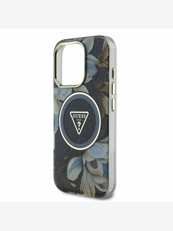 Guess Guess IML svjetlucava magnolija i logotip trokuta MagSafe stražnja maska ​​za iPhone 16 Pro Max crna