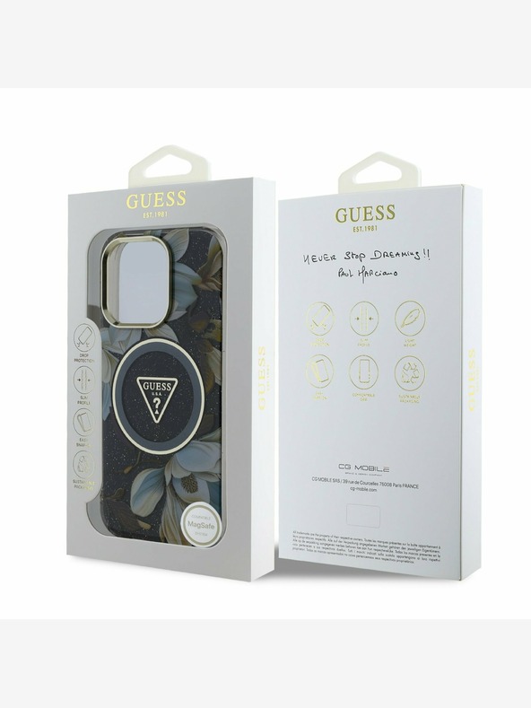 Guess Guess IML svjetlucava magnolija i logotip trokuta MagSafe stražnja maska ​​za iPhone 16 Pro Max crna