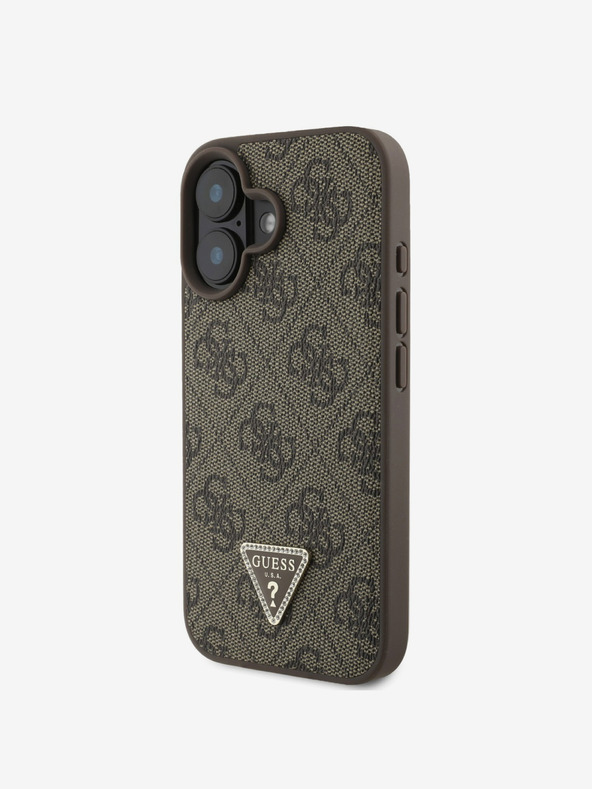 Guess Stražnja maska ​​s metalnim logotipom Guess PU 4G Strass Trokut + remen preko ramena za iPhone 16 smeđa