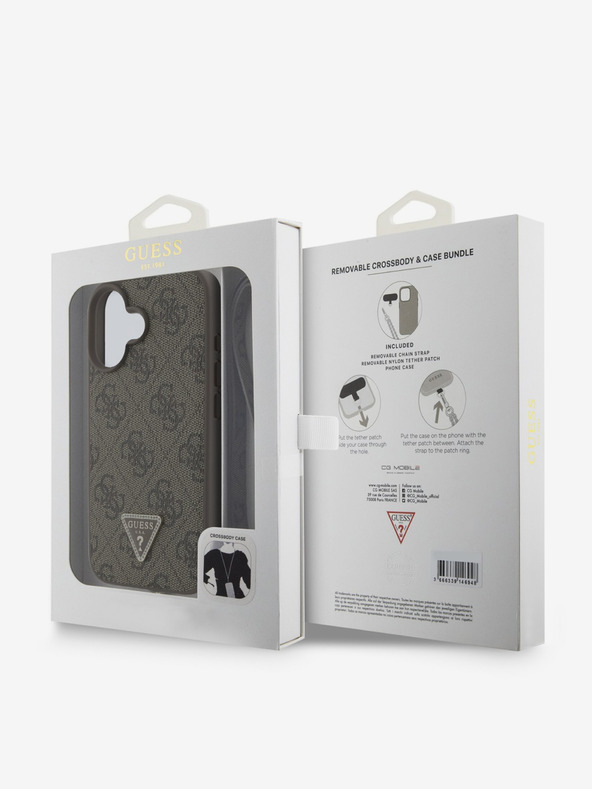 Guess Stražnja maska ​​s metalnim logotipom Guess PU 4G Strass Trokut + remen preko ramena za iPhone 16 smeđa