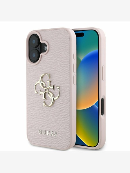 Guess Stražnja maska ​​Guess PU zrnatog 4G metalnog logotipa za iPhone 16, ružičasta