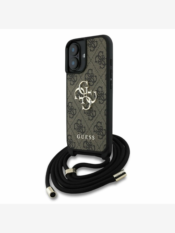 Guess Stražnja maska ​​Guess PU 4G s metalnim logotipom preko ramena za iPhone 16 smeđa