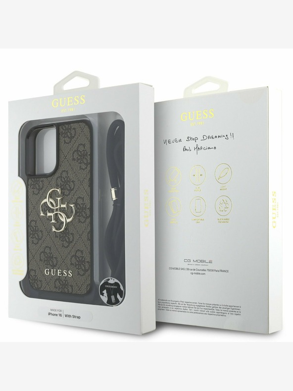 Guess Stražnja maska ​​Guess PU 4G s metalnim logotipom preko ramena za iPhone 16 smeđa