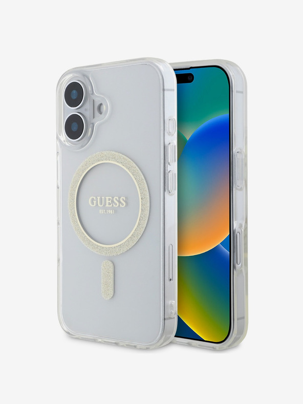 Guess Guess IML Glitter Ring MagSafe stražnja maska ​​za iPhone 16 Plus prozirna
