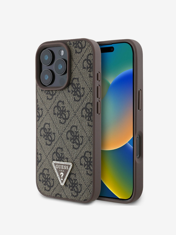 Guess Stražnja maska ​​Guess PU 4G Strass Trokut s metalnim logotipom za iPhone 16 Pro smeđa