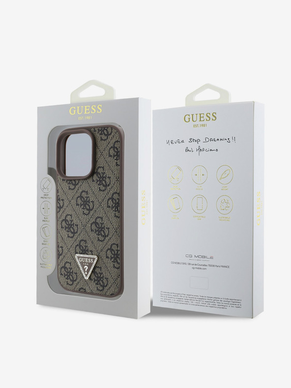 Guess Stražnja maska ​​Guess PU 4G Strass Trokut s metalnim logotipom za iPhone 16 Pro smeđa