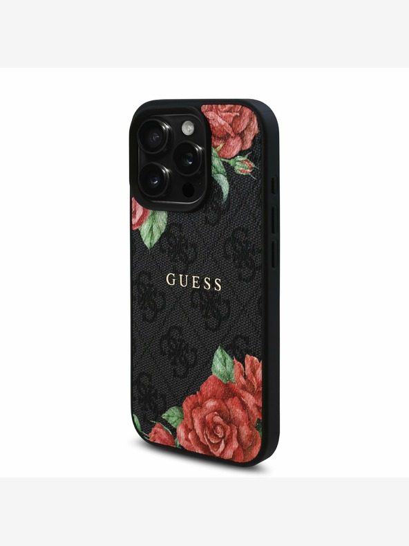 Guess Guess PU kožna 4G Roses MagSafe stražnja maska ​​za iPhone 16 Pro crna