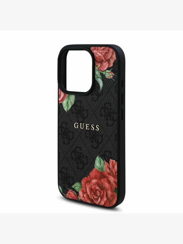 Guess Guess PU kožna 4G Roses MagSafe stražnja maska ​​za iPhone 16 Pro crna