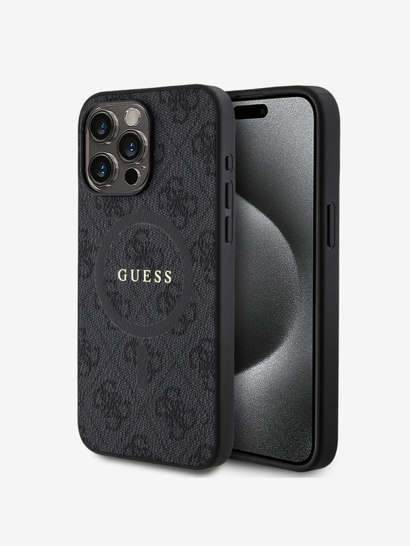 Guess Guess PU kožni 4G prsten u boji MagSafe stražnja maska ​​za iPhone 15 Pro Max crna