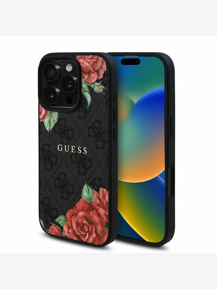 Guess Guess PU kožna 4G Roses MagSafe stražnja maska ​​za iPhone 16 Pro Max crna