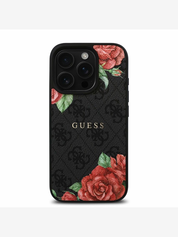 Guess Guess PU kožna 4G Roses MagSafe stražnja maska ​​za iPhone 16 Pro Max crna