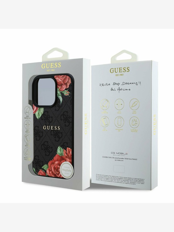 Guess Guess PU kožna 4G Roses MagSafe stražnja maska ​​za iPhone 16 Pro Max crna
