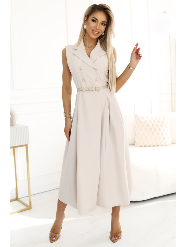 numoco Elegantna midi košulja haljina sa zlatnim gumbima i remenom - bež Numoco