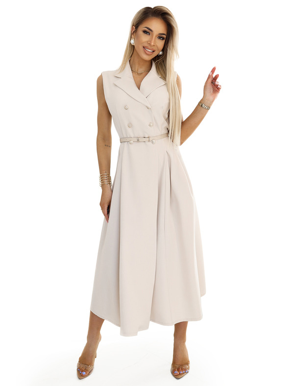 numoco Elegantna midi košulja haljina sa zlatnim gumbima i remenom - bež Numoco