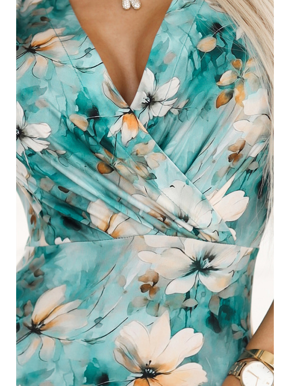 numoco Krojena haljina s širokim dekolteom - bež cvjetovi na tirkiznoj pozadini Numoco