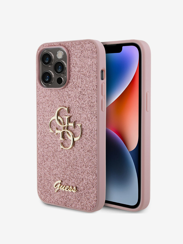 Guess Guess stražnja maska ​​s PU fiksnim svjetlucavim 4G metalnim logotipom za iPhone 15 Pro Max, ružičasta