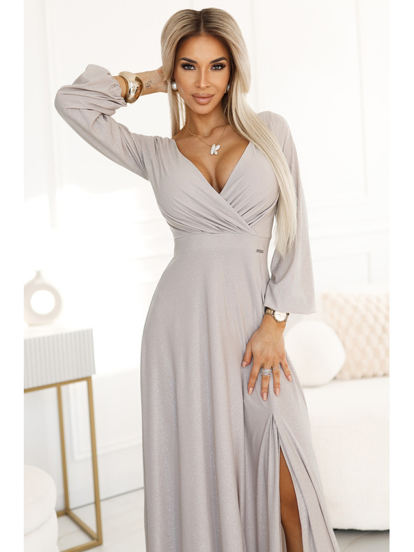 numoco NELA svjetlucava duga haljina s dekolteom, dugim rukavima i prorezom na nogavicama marke Numoco