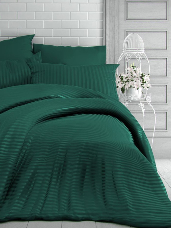 Kvalitex Satenska produžena posteljina s prugom 140x220, 70x90cm TAMNO ZELENA